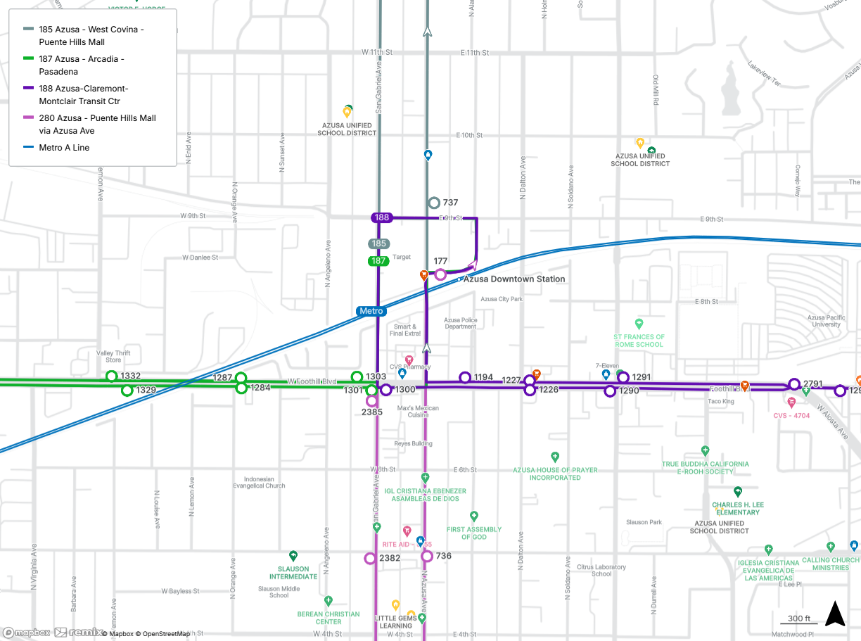 map shows the Azusa Downtown Station and the closest stops for Lines 185, 187, 188, and 280