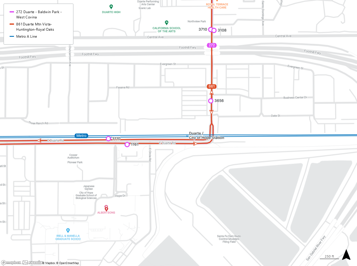 map shows the Duarte/City of Hope Station and the closest stops for Lines 272 and 861