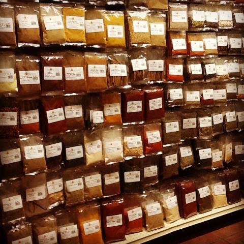 Rows of spices in bags